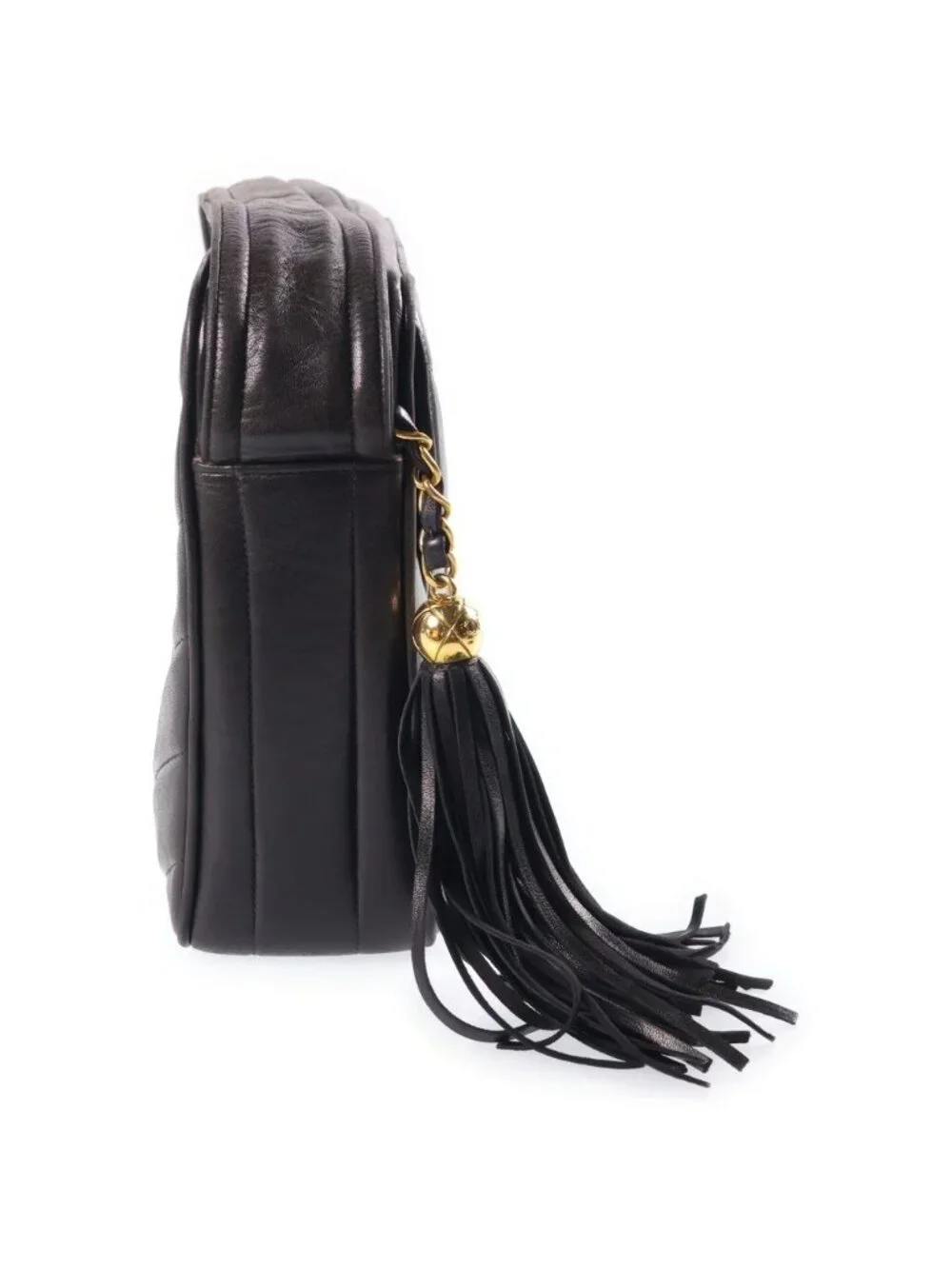 Chanel V-stitch Fringe Shoulder Bag Black Lambskin Gold